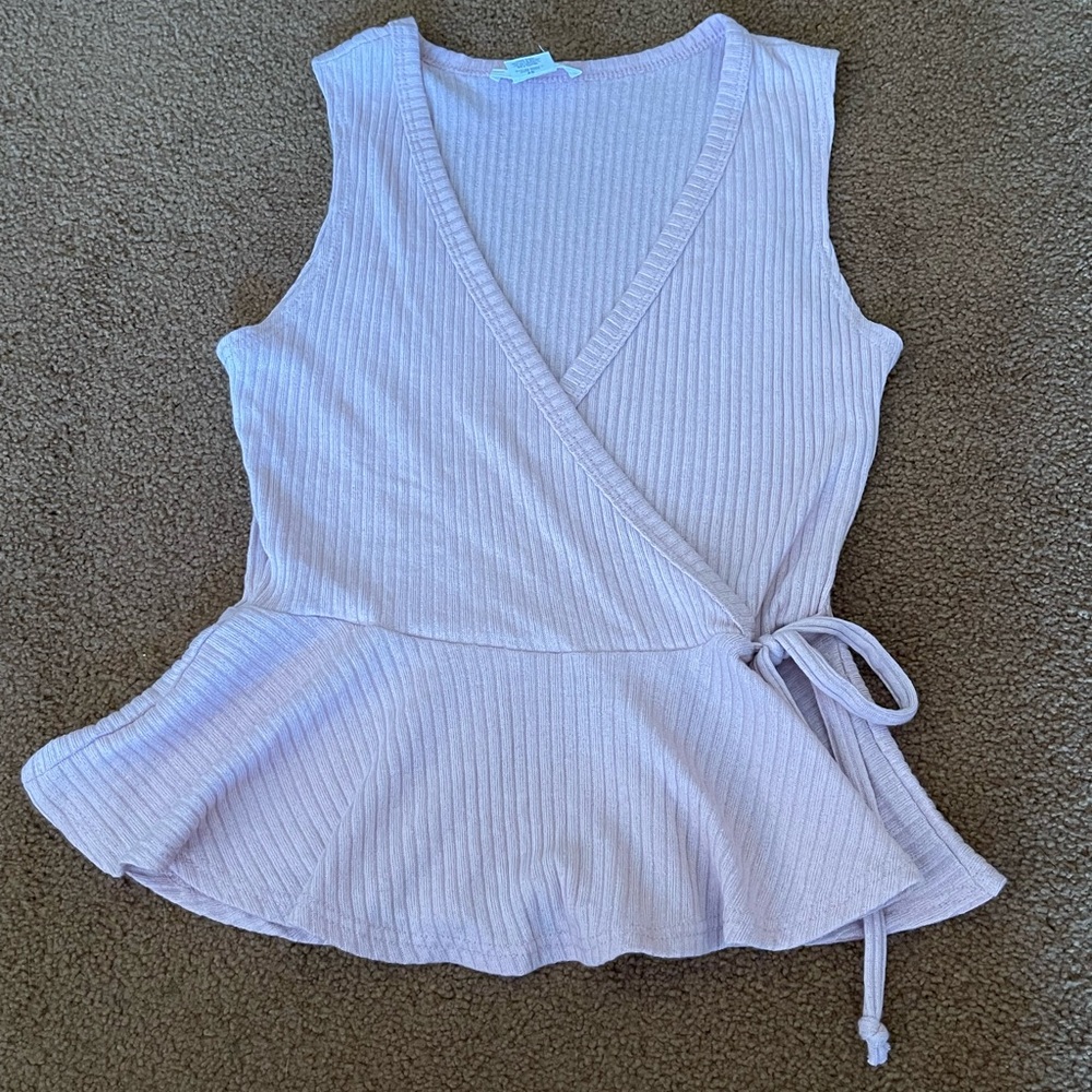 Glance light purple ribbed knit v neck mock wrap sleeveless blouse XS